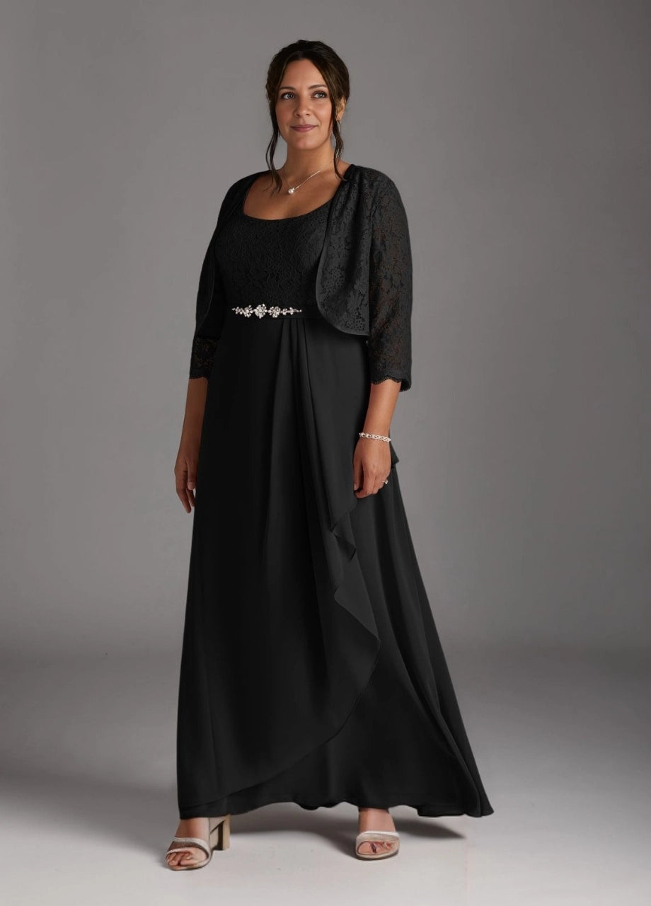 Black lace plus size mother of the bride dress with square neckline and lace sleeves