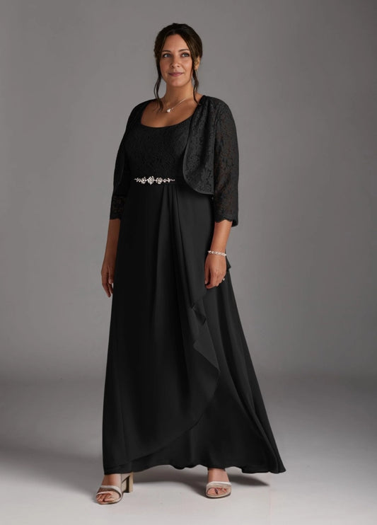 Black lace plus size mother of the bride dress with square neckline and lace sleeves