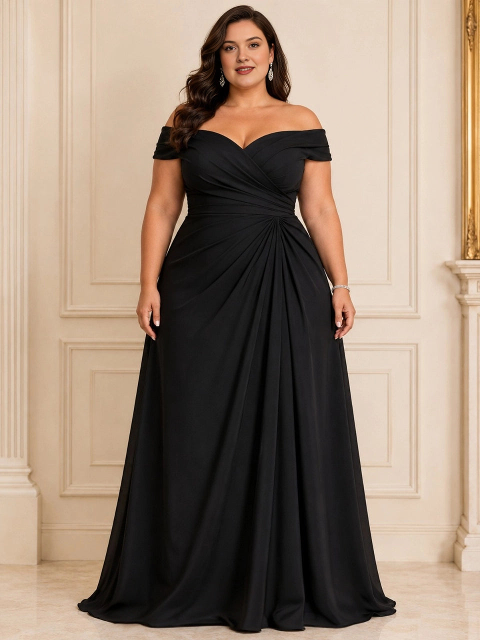 Black plus size A-line prom dress with sweetheart neckline, off shoulder short sleeves and flowing floor length skirt