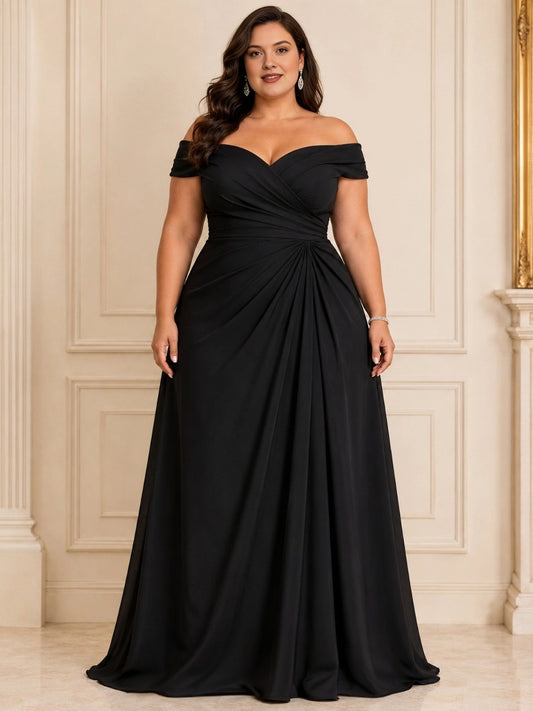 Black plus size A-line prom dress with sweetheart neckline, off shoulder short sleeves and flowing floor length skirt