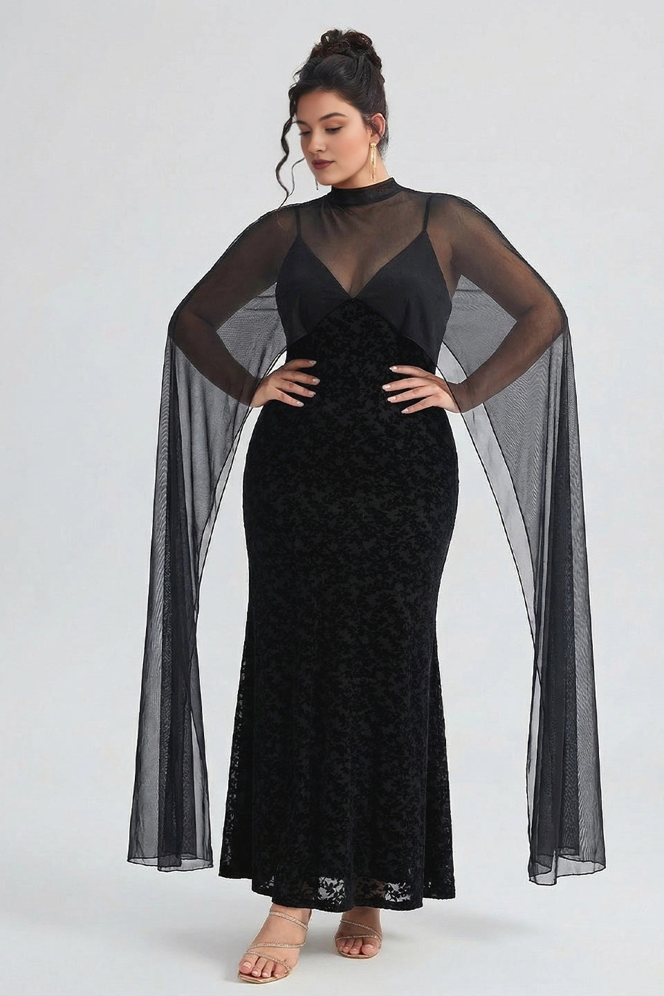 Black plus size high neck sheer cape sleeve burnout velvet long mother of the bride dress front view