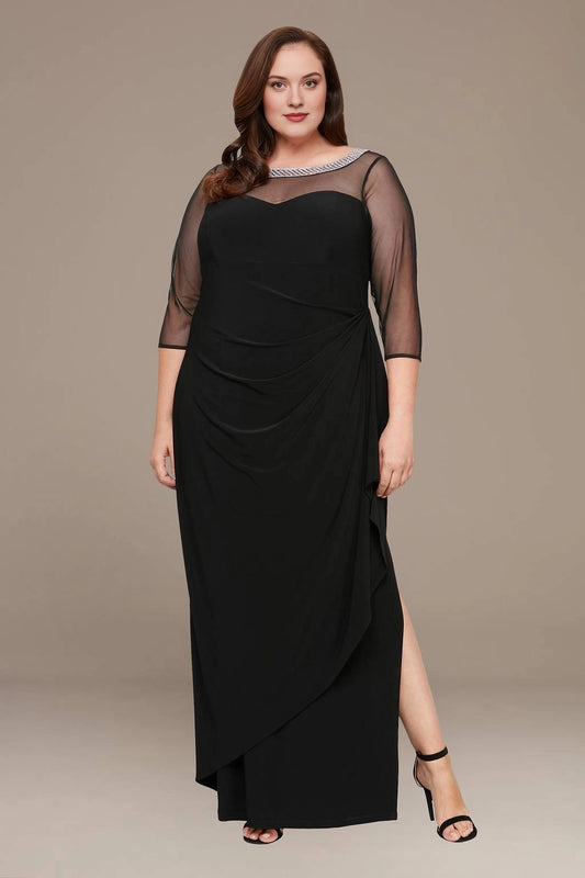 Black plus size mother of the bride dress with illusion neckline and sheer three-quarter sleeves