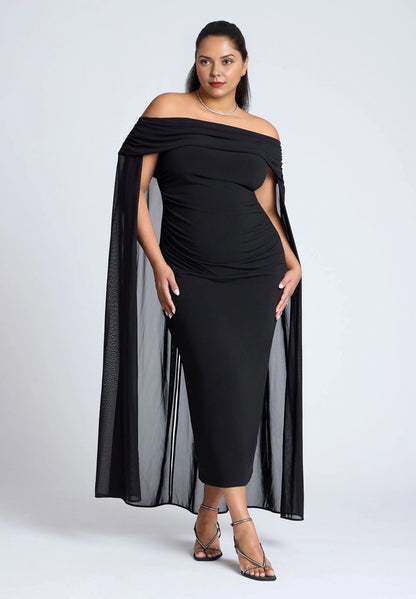 Black plus size off shoulder draped neckline sheer mesh cape overlay midi wedding guest dress front view