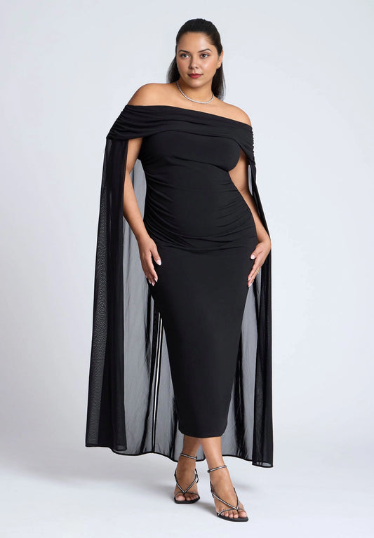 Black plus size off shoulder draped neckline sheer mesh cape overlay midi wedding guest dress front view