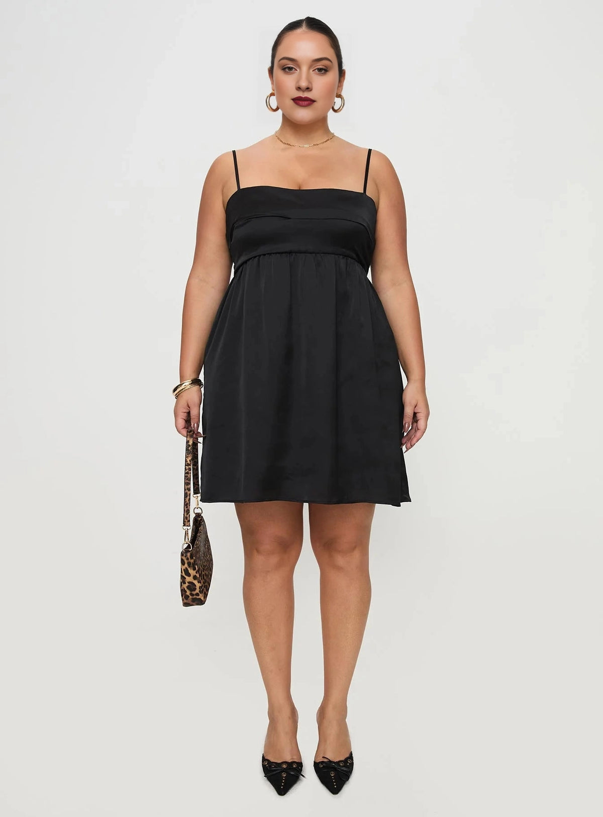 Black plus size square neck satin babydoll homecoming dress with thin straps and flowy skirt