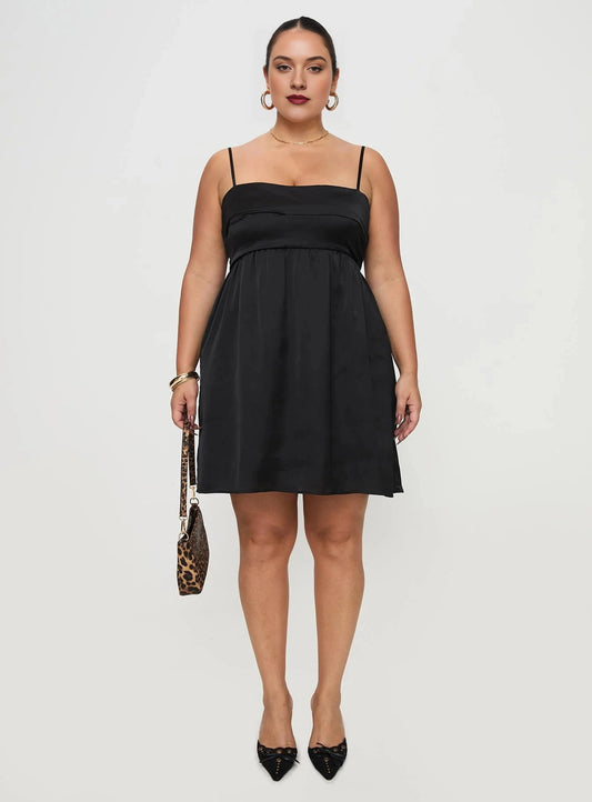 Black plus size square neck satin babydoll homecoming dress with thin straps and flowy skirt