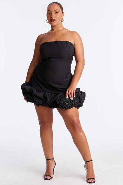 Black plus size strapless homecoming dress with fitted bodice and bubble hem mini skirt
