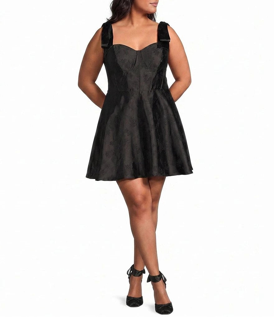Black plus size sweetheart homecoming dress with tie-shoulder straps and A-line satin skirt