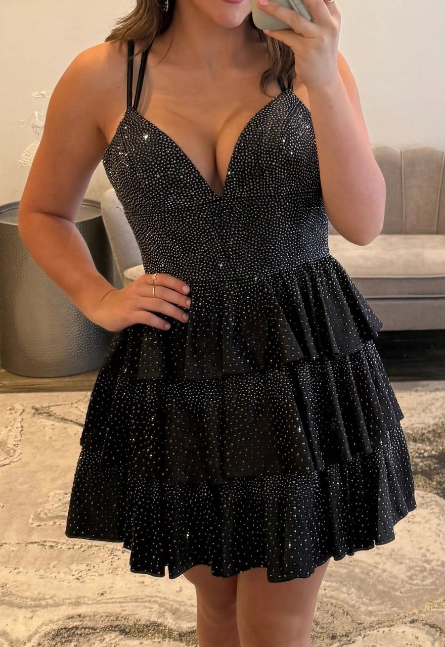 Black sparkly rhinestone deep V spaghetti strap tiered short homecoming dress front view