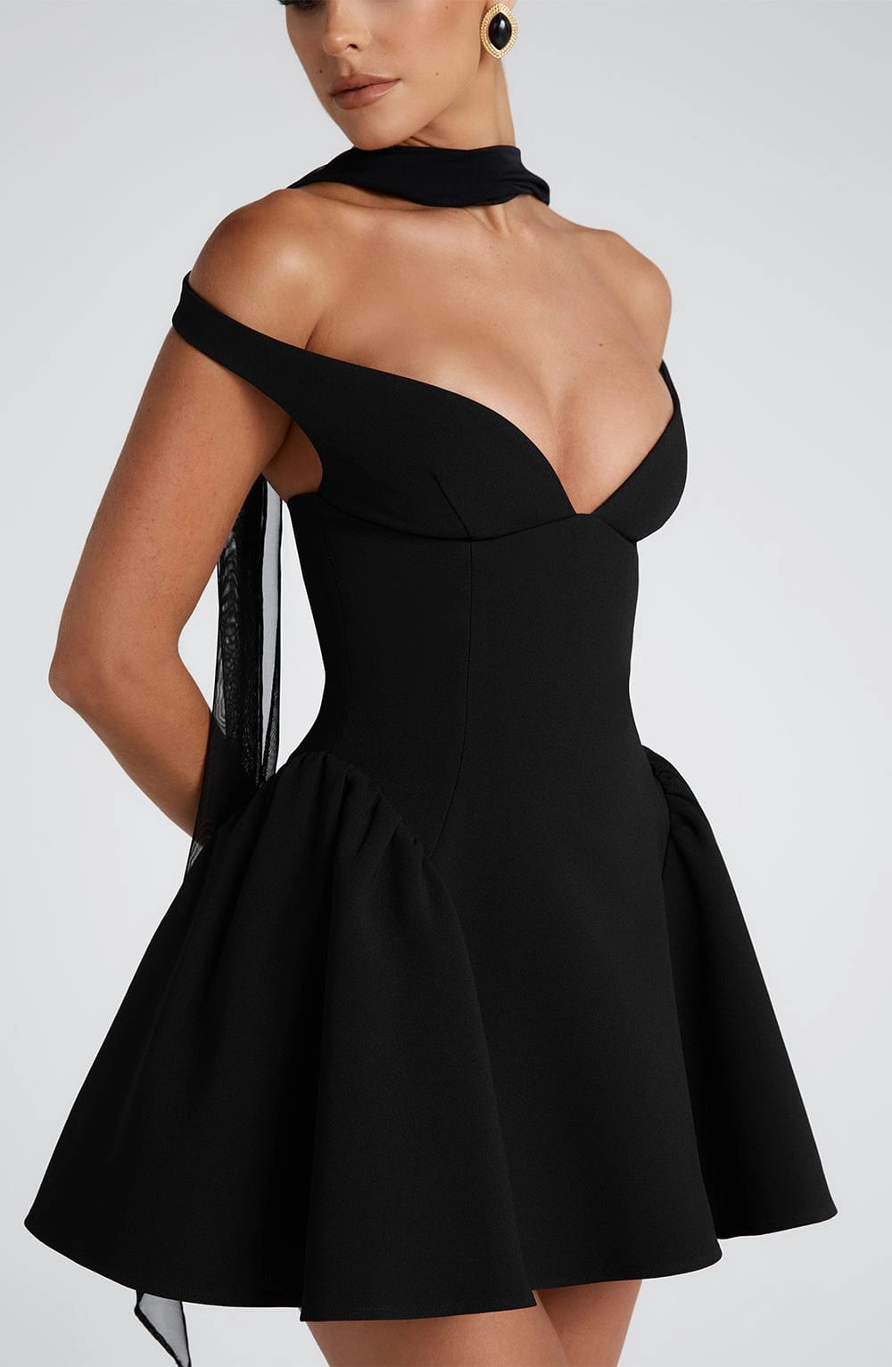 Flared Off Shoulder Deep V Open Back Mini Homecoming Dress