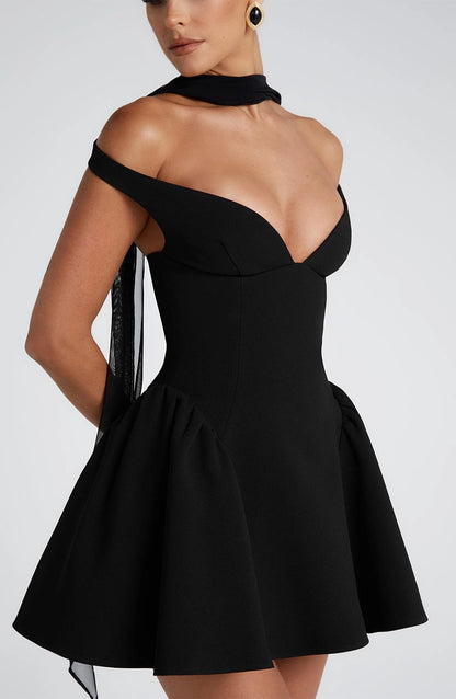 Flared Off Shoulder Deep V Open Back Mini Homecoming Dress