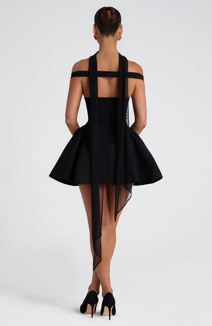 Flared Off Shoulder Deep V Open Back Mini Homecoming Dress
