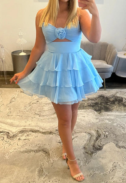 Light blue plus size sweetheart chiffon homecoming dress with fabric rose, cutout and tiered ruffle skirt
