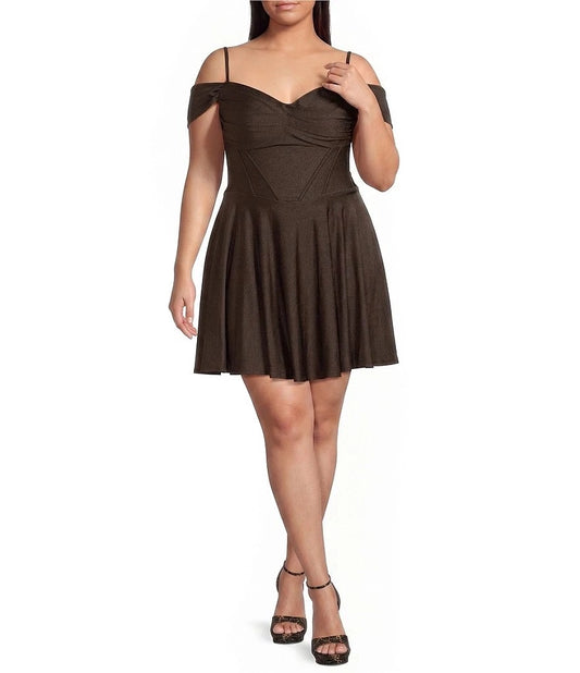 Brown plus size off-the-shoulder homecoming dress with corset bodice and A-line skirt