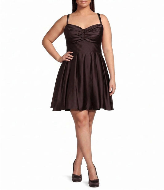 Brown plus size sweetheart satin homecoming dress with ruched bust and A-line pleated skirt