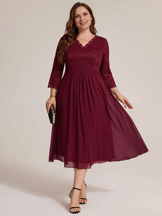 Burgundy lace plus size mother of the bride dress with V-neck and three-quarter sleeves