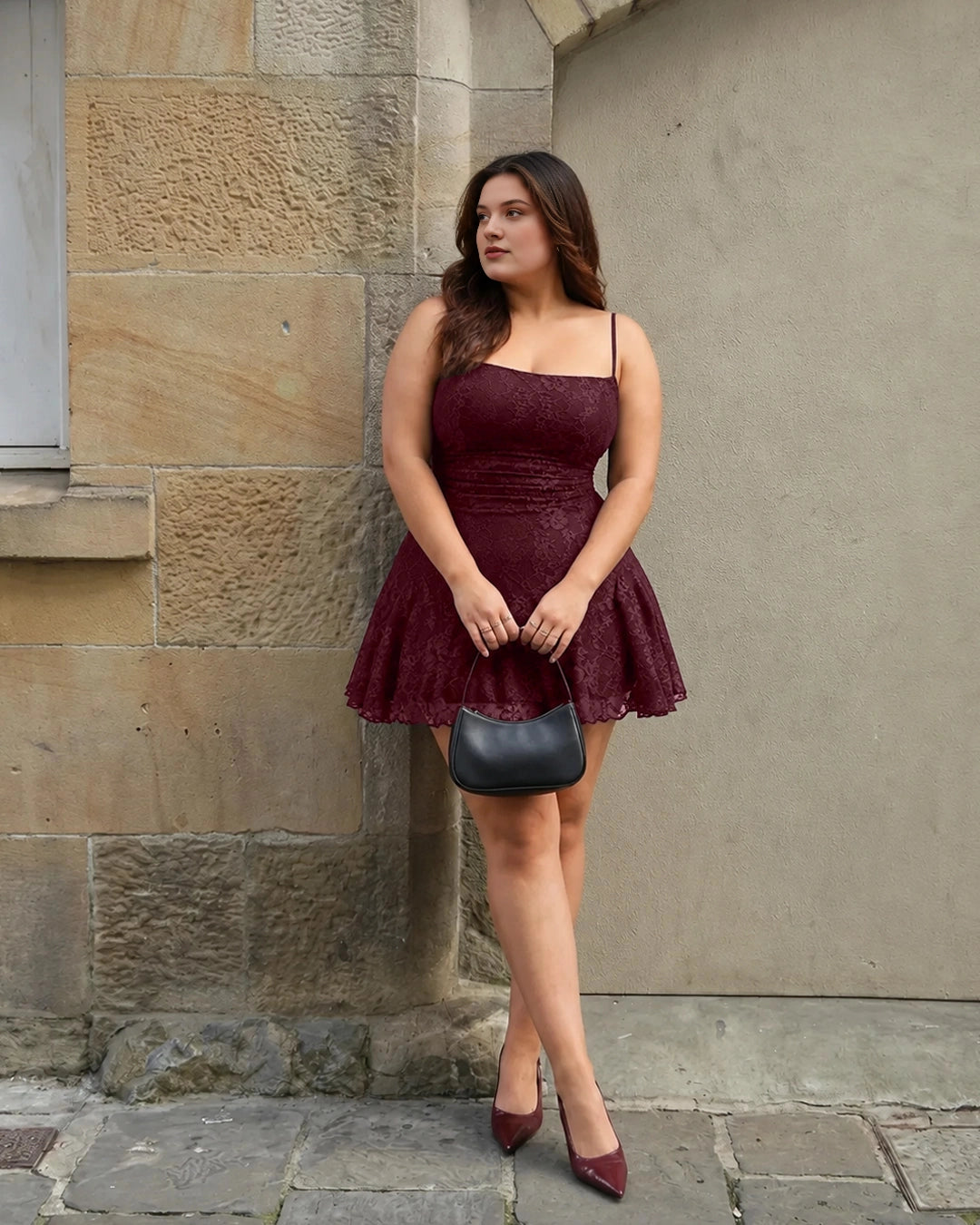 Burgundy plus size lace homecoming dress with square neck, ruched waist and ruffled hem
