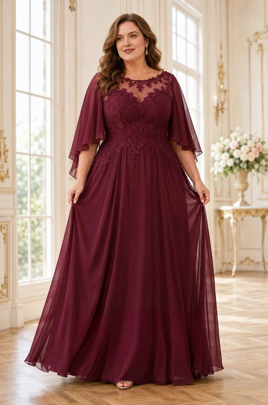 Burgundy plus size A-line mother of the bride dress with illusion bateau neckline, lace applique bodice and flutter chiffon sleeves, front view
