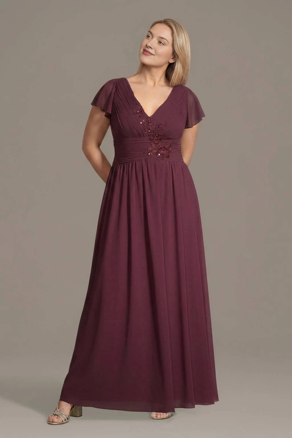 Burgundy plus size mother of the bride dress with V-neck, flutter sleeves and beaded waist