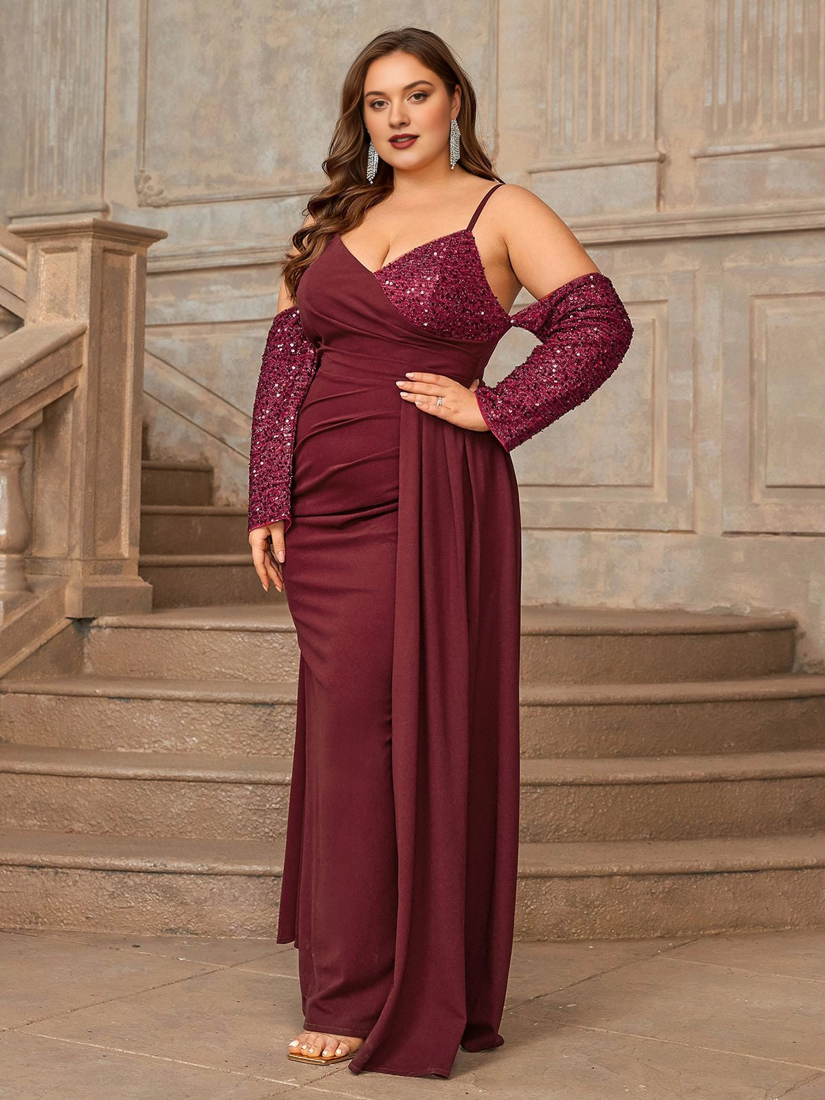 Burgundy plus size V-neck evening dress with sequin off-the-shoulder long sleeves and draped skirt
