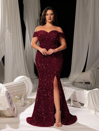 Burgundy sequin mermaid prom dress with sweetheart neckline, off shoulder sleeves, thigh high slit and sweep train