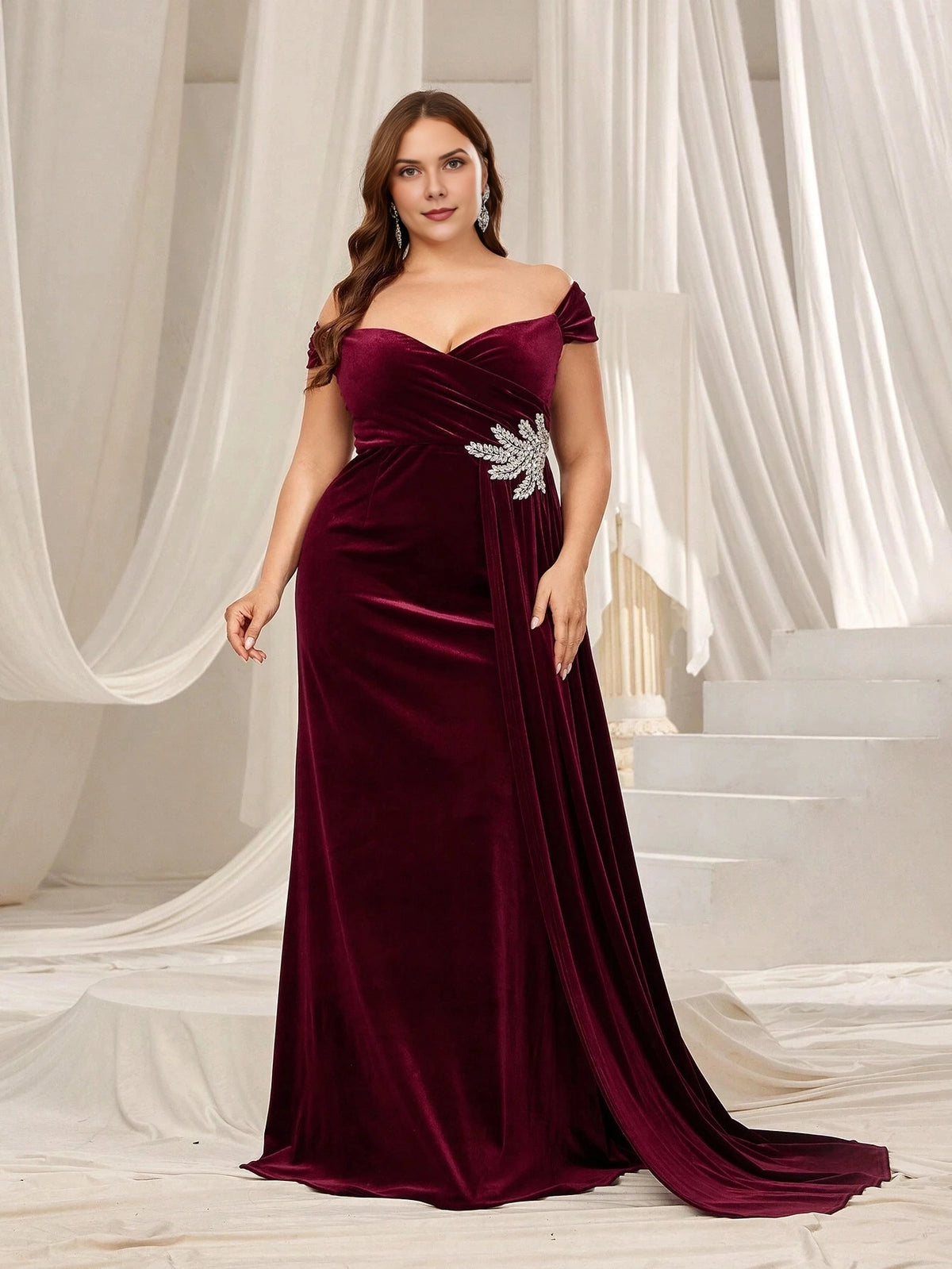 Burgundy velvet plus size off shoulder sweetheart beaded waist draped long evening dress front view