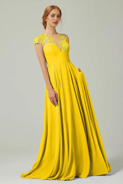 Plus Size Romantic A-Line Illusion Neck Cap Sleeve Button Back Long Bridesmaid Dress