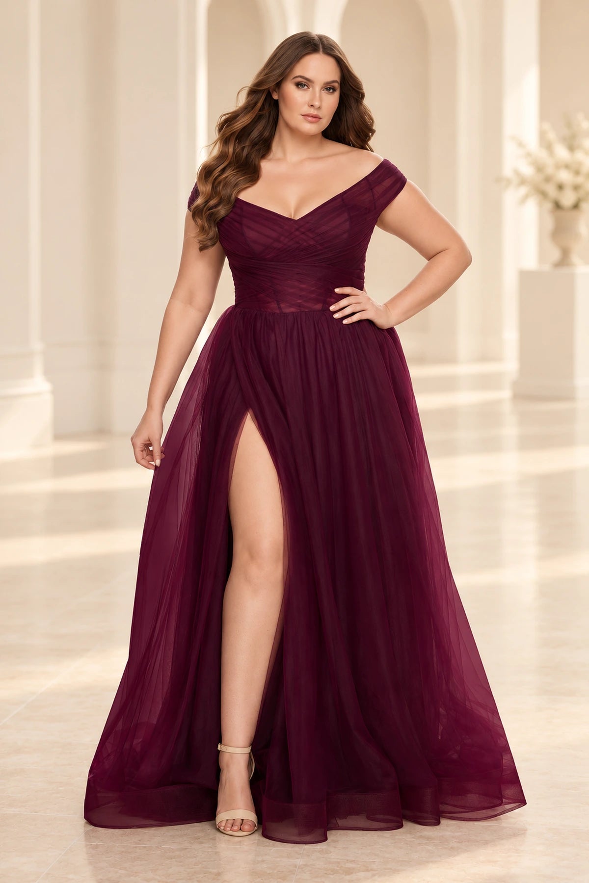 Plus Size Romantic Tulle A-Line V-Neck Cap-Sleeve Illusion-Back Floor-Length Prom Dress