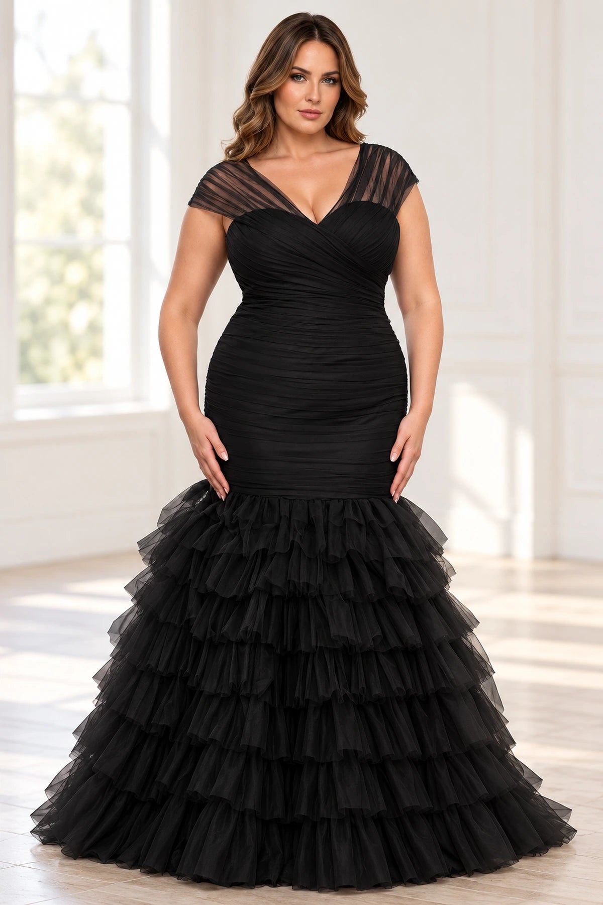 Front view of a black tulle mermaid evening dress with a V-neck, sheer cap sleeves, ruched bodice and tiered ruffle skirt.