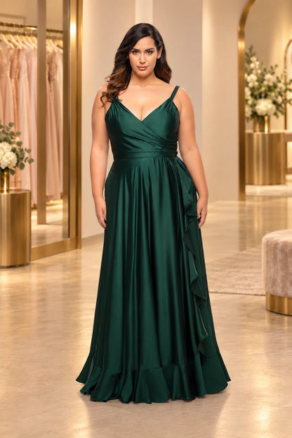 Plus Size Romantic Satin A-Line V-Neck Sleeveless V-Back Floor-Length Prom Dress
