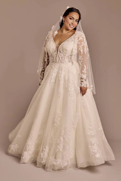 Romantic A-Line Plunging V-Neck Long Sleeve V-Back Plus Size Wedding Dress