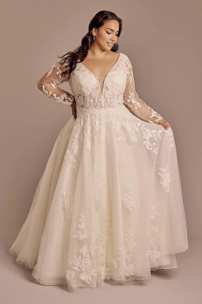 Champagne plus size A-line wedding dress with plunging illusion V-neckline, floral lace bodice, sheer long sleeves and layered tulle skirt