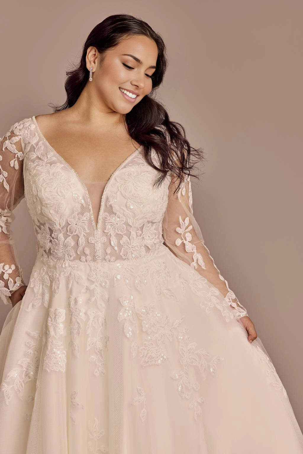 Romantic A-Line Plunging V-Neck Long Sleeve V-Back Plus Size Wedding Dress