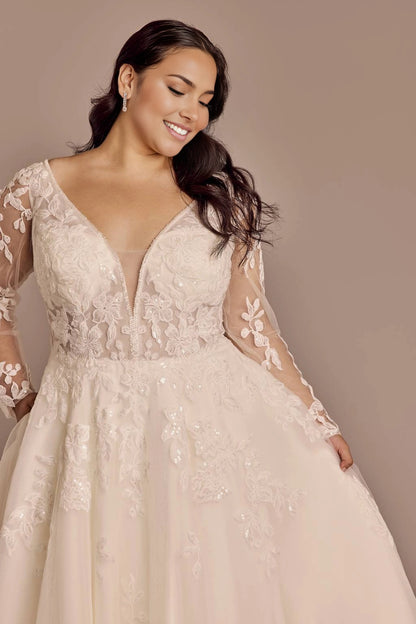 Romantic A-Line Plunging V-Neck Long Sleeve V-Back Plus Size Wedding Dress