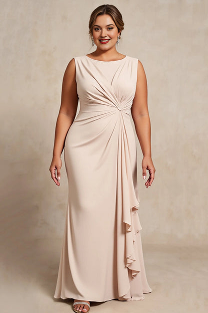 Champagne plus size mermaid wedding guest dress with bateau neckline, twisted ruched waist and cascading side ruffle, front view
