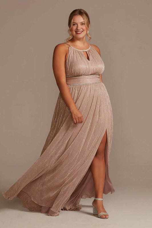 Champagne plus size mother of the bride dress with halter neckline, beaded waist and side slit