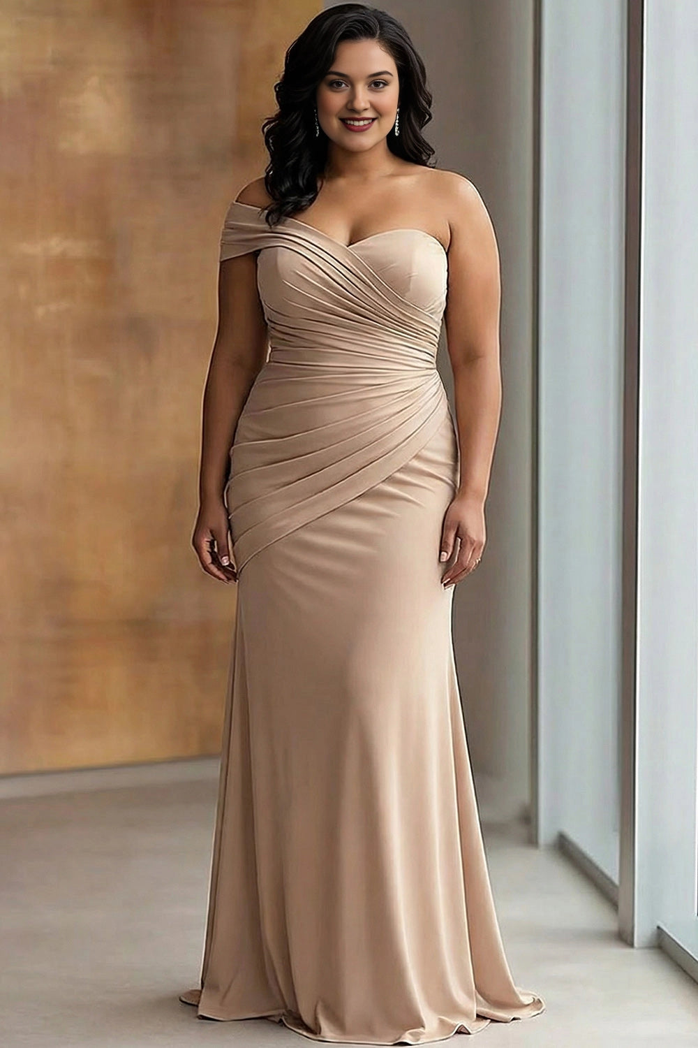 Champagne plus size off-the-shoulder evening dress with draped bodice and fitted sheath skirt
