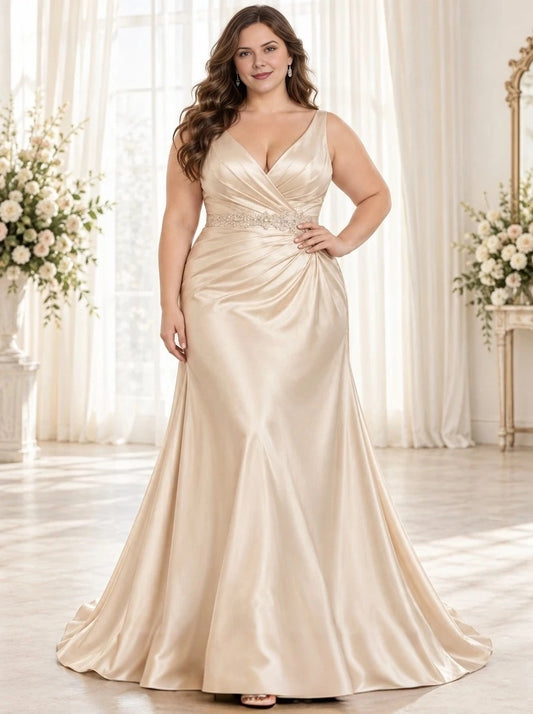 Champagne plus size V neck wide strap beaded waist ruched mermaid long satin mother of the bride dress front view