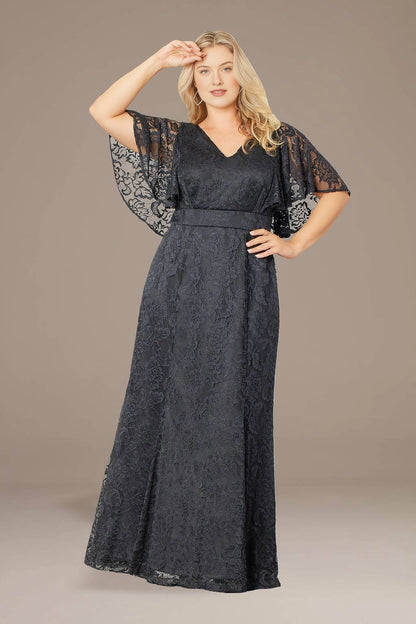 Charcoal lace plus size mother of the bride dress with V-neck and flutter sleeves