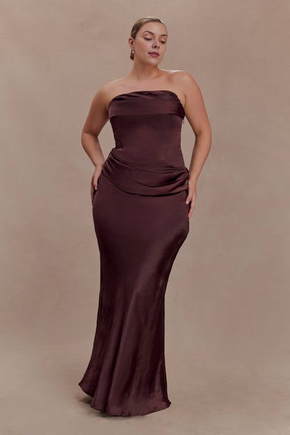 Chocolate brown plus size strapless draped neckline wrapped ruched mermaid long textured satin bridesmaid dress front view