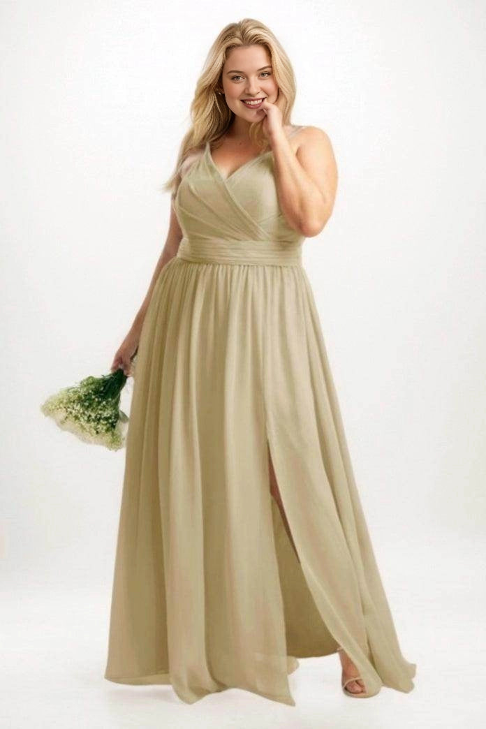 Roselledress light sage plus size bridesmaid dress with spaghetti straps, a crossover V-neck, ruched waist and floor-length skirt with a front slit.