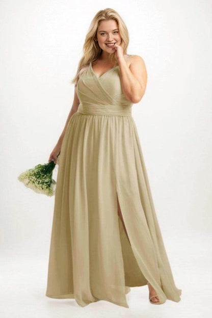 Roselledress light sage plus size bridesmaid dress with spaghetti straps, a crossover V-neck, ruched waist and floor-length skirt with a front slit.