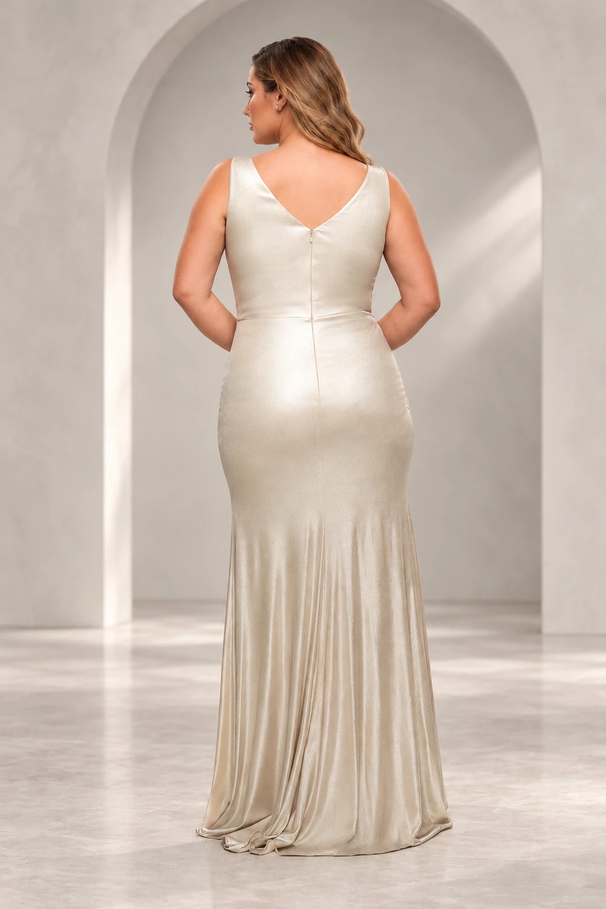 Elegant Metallic Sheath V-Neck Sleeveless V-Back Floor-Length Plus Size Evening Dress