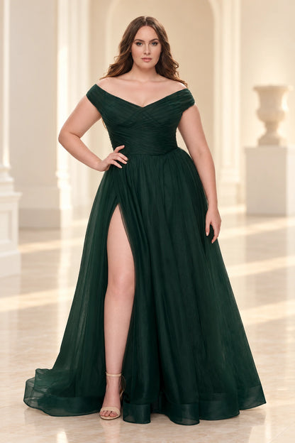 Plus Size Romantic Tulle A-Line V-Neck Cap-Sleeve Illusion-Back Floor-Length Prom Dress