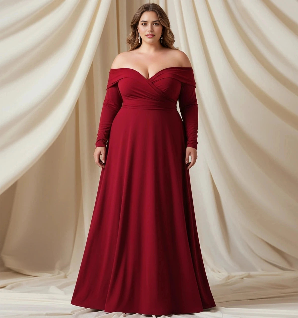 Burgundy plus size prom dress with an off-the-shoulder crossover neckline, long sleeves and flowing A-line skirt.