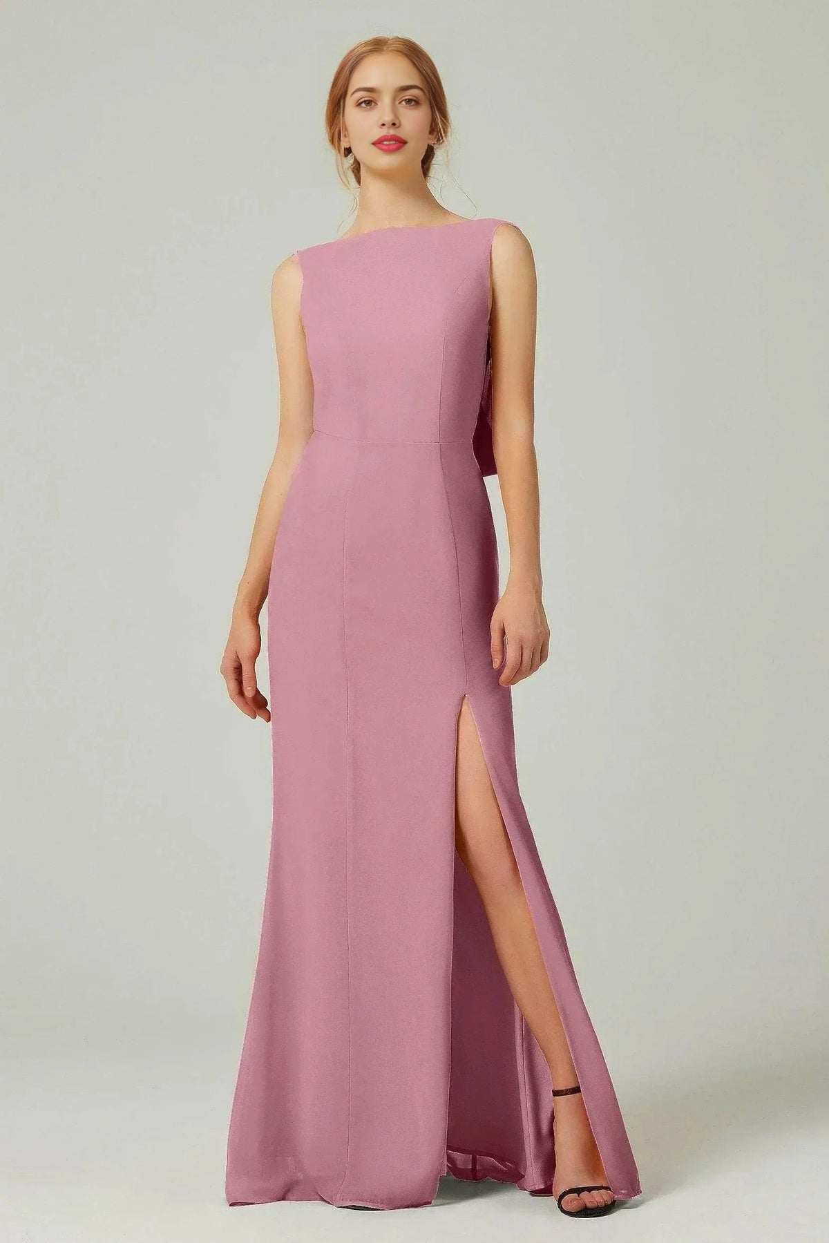 Plus Size Elegant Sheath Bateau Sleeveless Cowl Back Floor Length Bridesmaid Dress