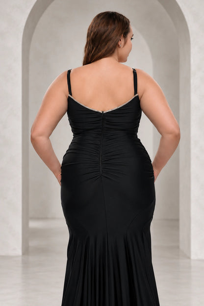 Elegant Jersey Mermaid V-Neck Sleeveless V-Back Floor-Length Plus Size Prom Dress