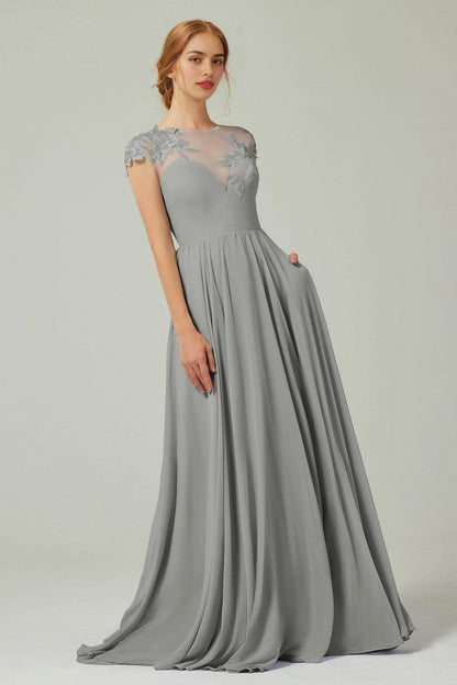 Plus Size Romantic A-Line Illusion Neck Cap Sleeve Button Back Long Bridesmaid Dress