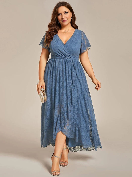 Dusty blue lace plus size mother of the bride dress with wrap V-neck and flutter sleeves