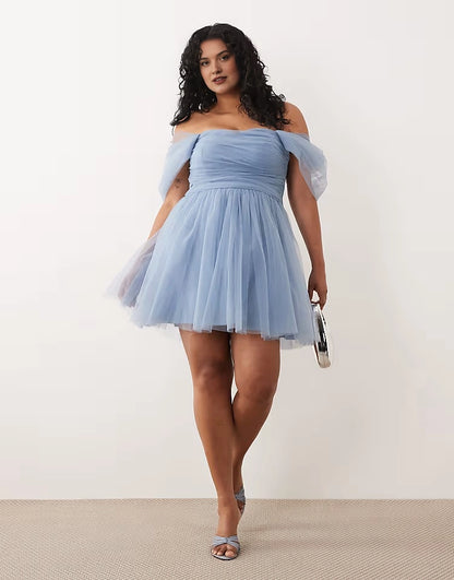 Dusty blue plus size off-the-shoulder tulle homecoming dress with ruched bodice and full skirt
